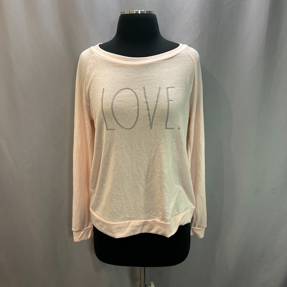 Rae Dunn Love Sweatshirt Women Medium Light Pink Stretch Lightweight Long Sleeve
